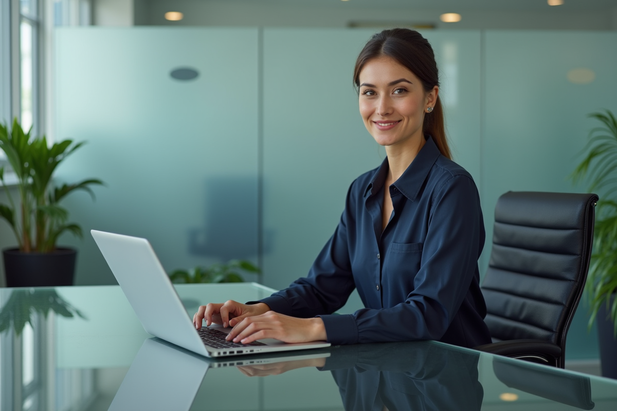 Femme d'affaires concentrée sur son ordinateur au bureau