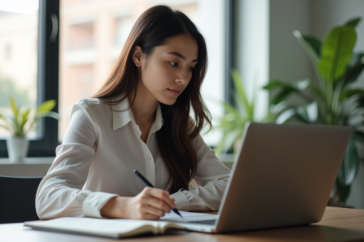 Jeune femme professionnelle travaillant sur son ordinateur dans son appartement