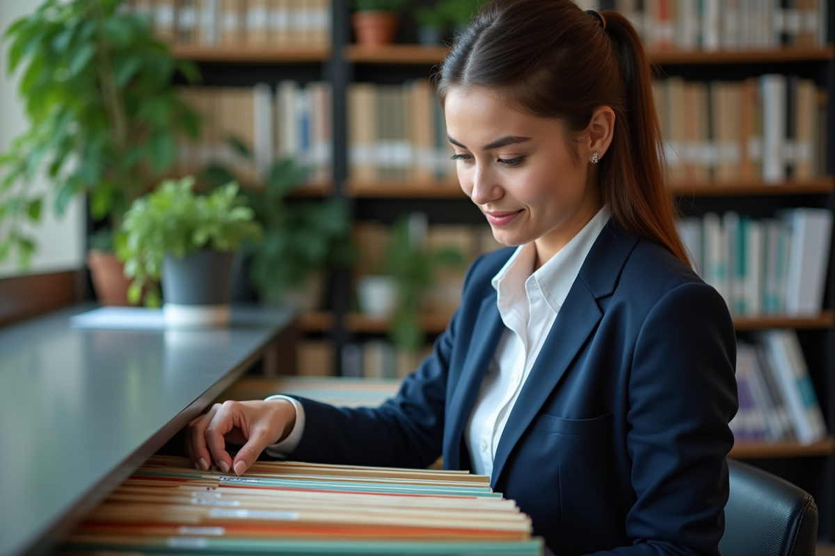 Jeune femme triant des dossiers dans un bureau organisé