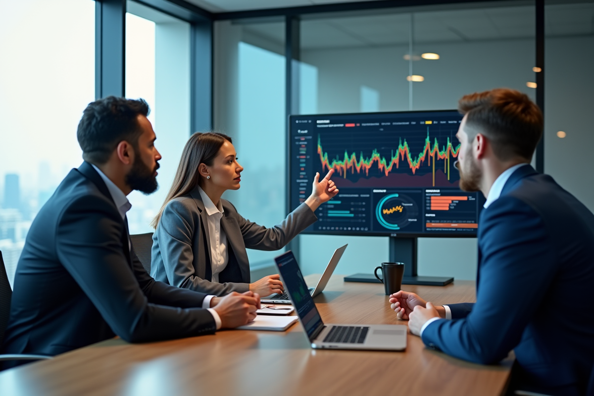 Groupe de professionnels discutant devant un écran d