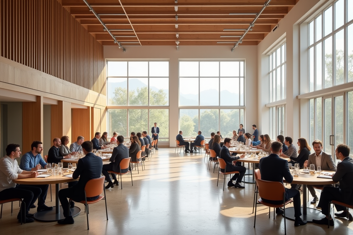 Groupe de personnes discutant autour de tables rondes en espace ouvert