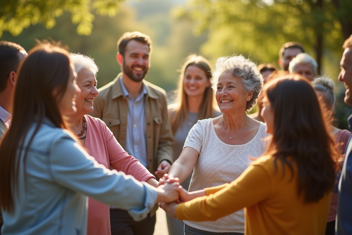 Groupe divers d'âges et cultures main dans la main en extérieur