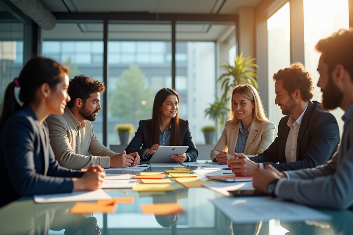 Groupe de professionnels en brainstorming dans un bureau moderne