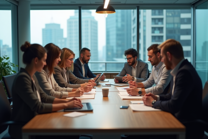 Groupe de professionnels en r&eacute;union dans un bureau moderne