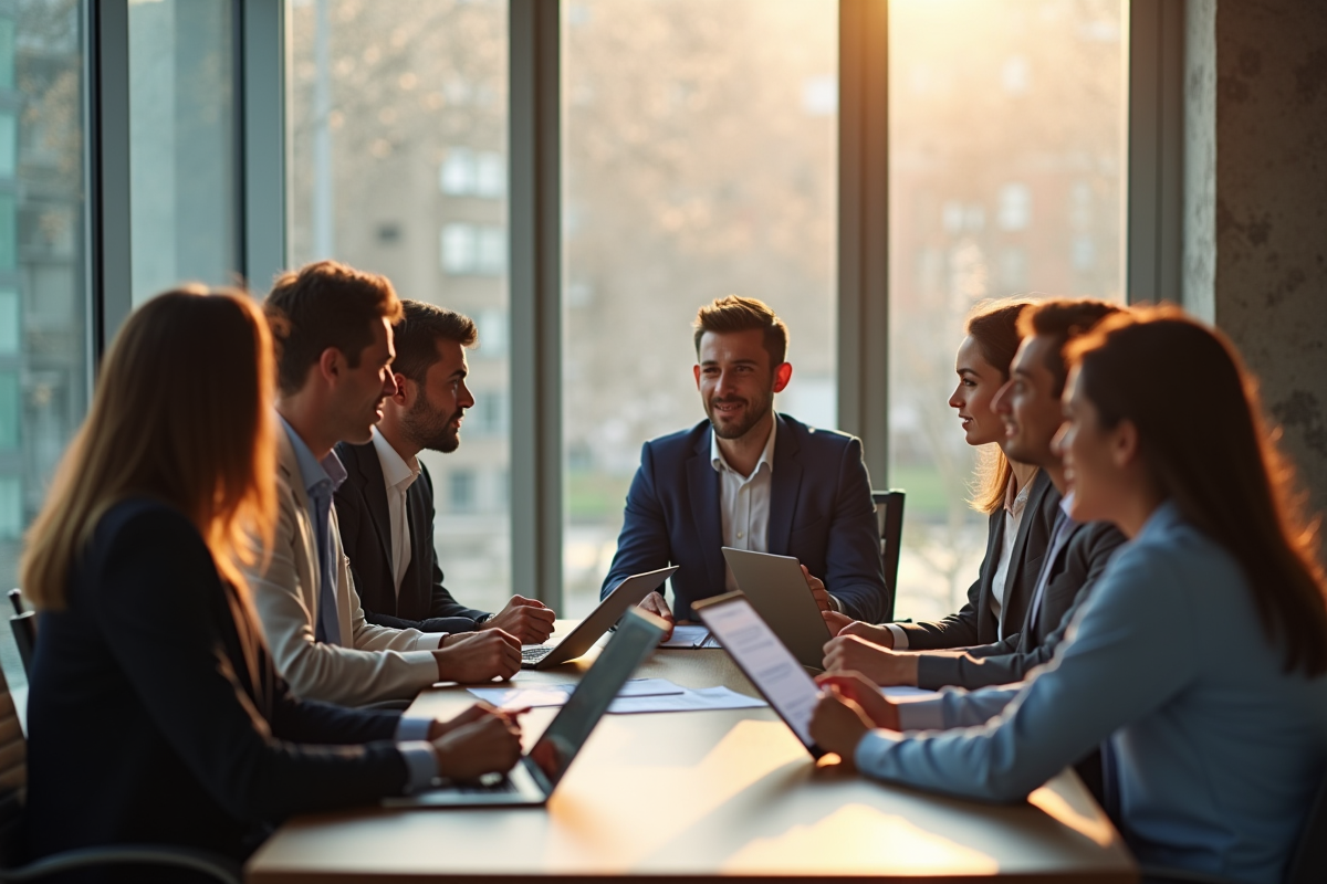 Groupe de professionnels en réunion dans un bureau lumineux