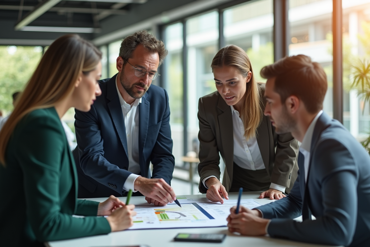 Groupe de professionnels examinant un ecolabel en bureau lumineux