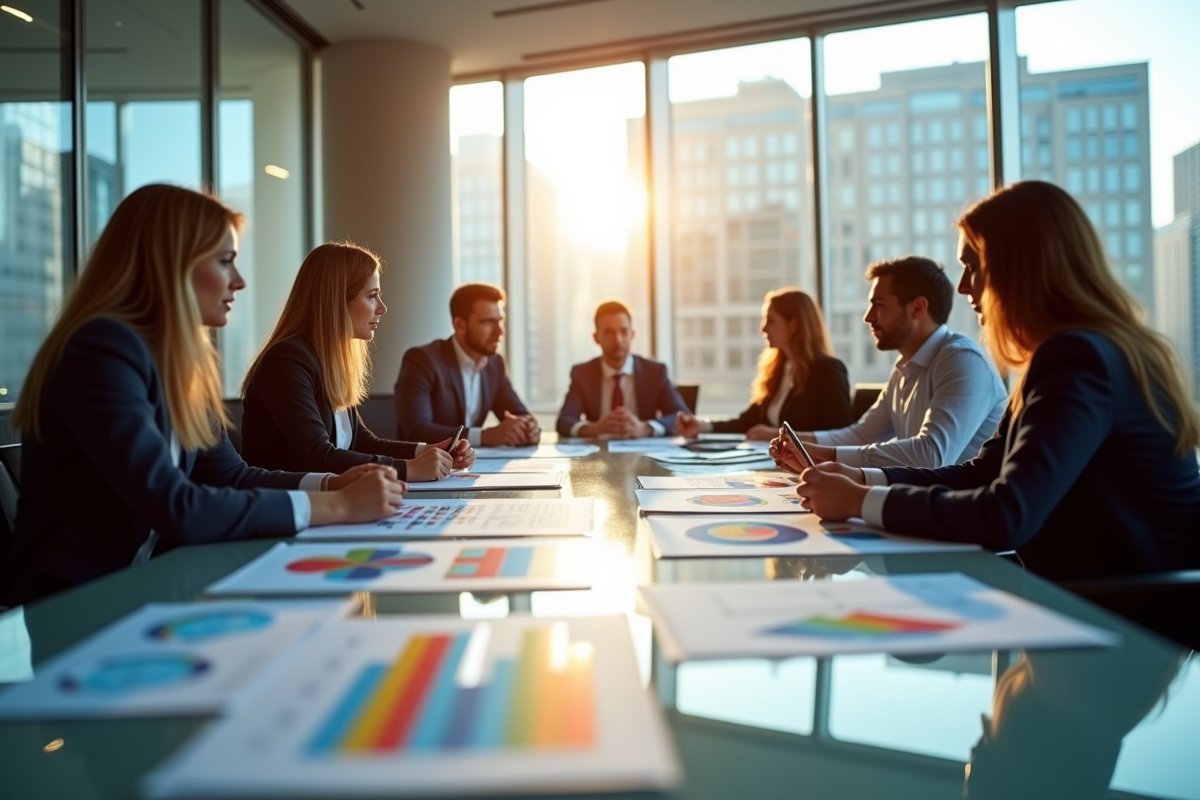 Groupe de professionnels en réunion avec diagrammes de valeur
