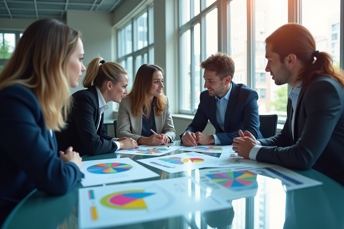 Groupe de professionnels autour d'une table avec infographies colorées