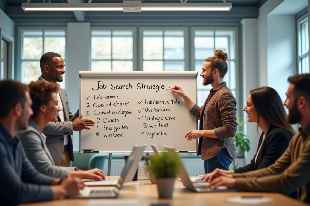 Groupe diversifié en coworking avec tableau d
