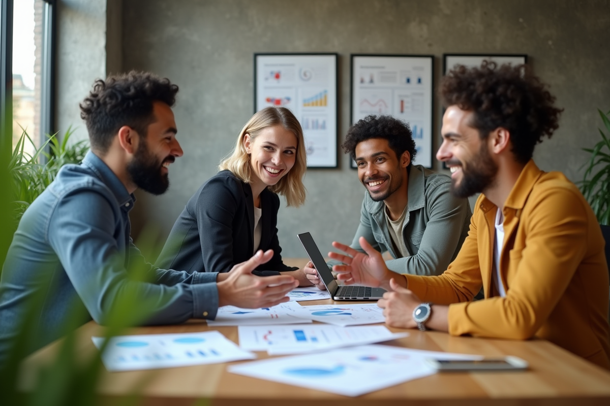 Trois jeunes professionnels discutant autour d