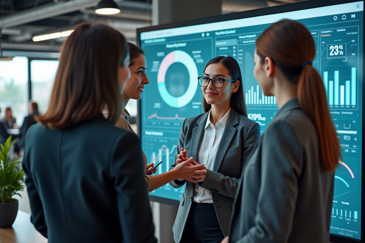 Groupe de professionnels collaborant devant un écran interactif