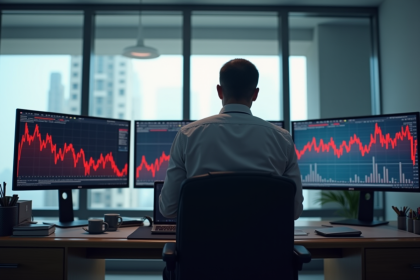 Homme d'affaires dans un bureau regardant des graphiques en baisse