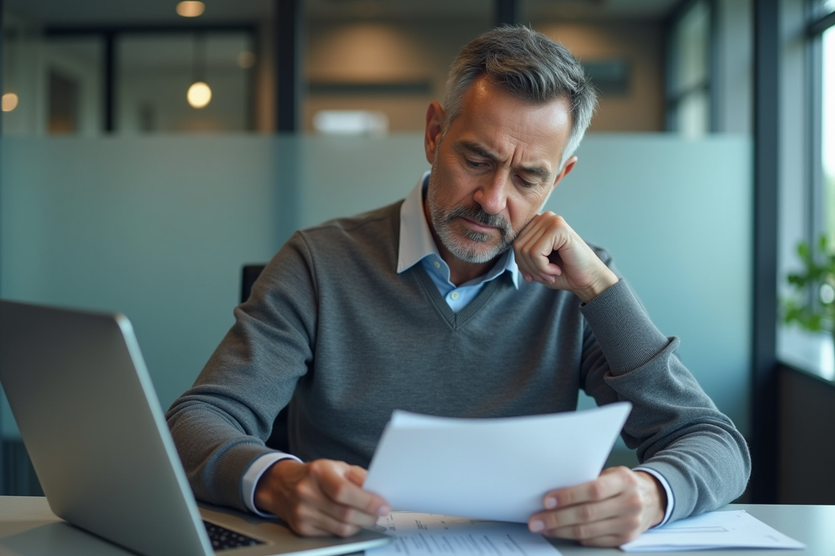 Homme d age en banque analysant un dossier et son ordinateur