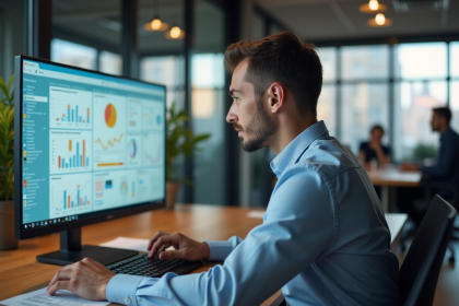 Homme d'affaires analysant un tableau de bord coloré
