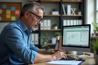 Homme d'&acirc;ge moyen utilisant Excel sur son ordinateur au bureau