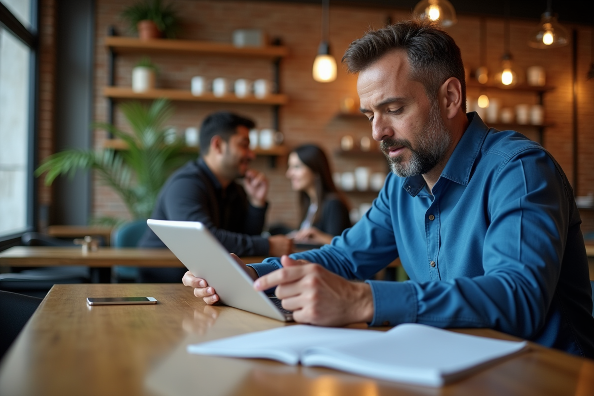 Homme au cafe examinant une liste de recherche