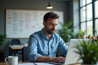 Homme en bleu code sur son ordinateur dans un bureau moderne