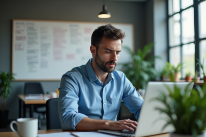 Homme en bleu code sur son ordinateur dans un bureau moderne