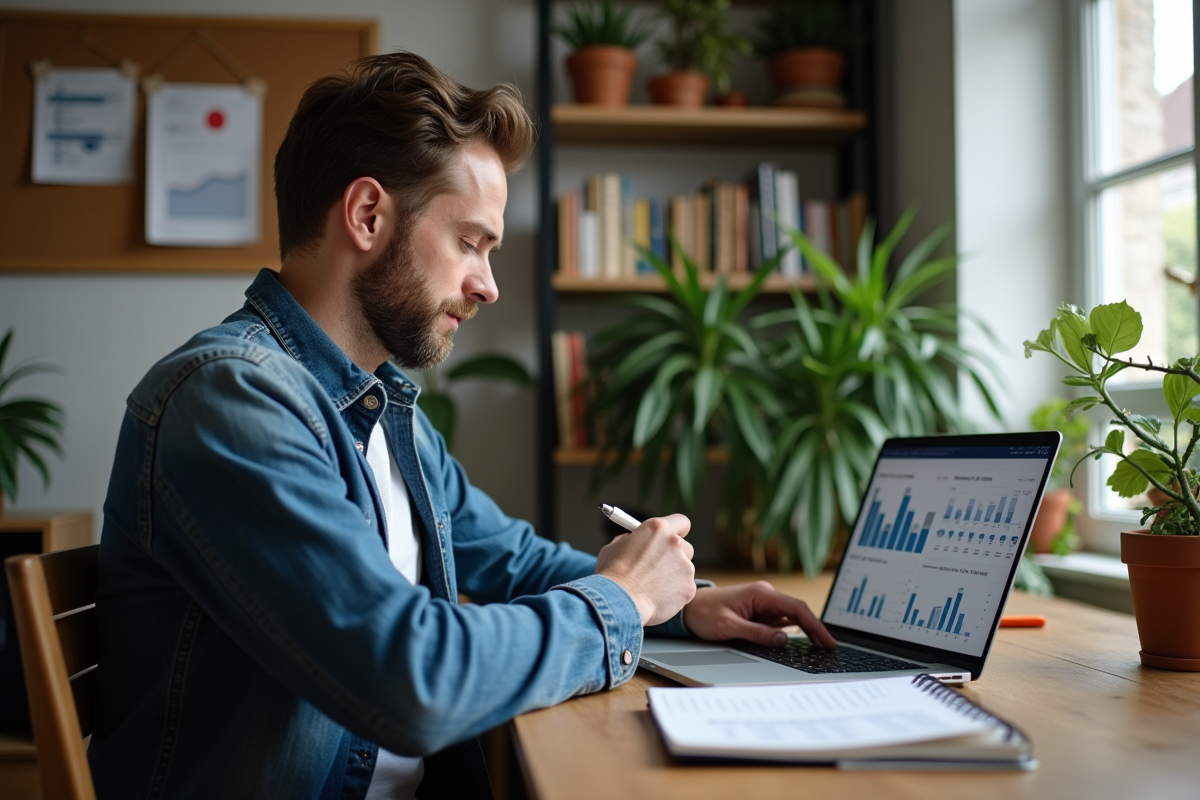 Homme détendu analysant des graphiques dans son espace de travail