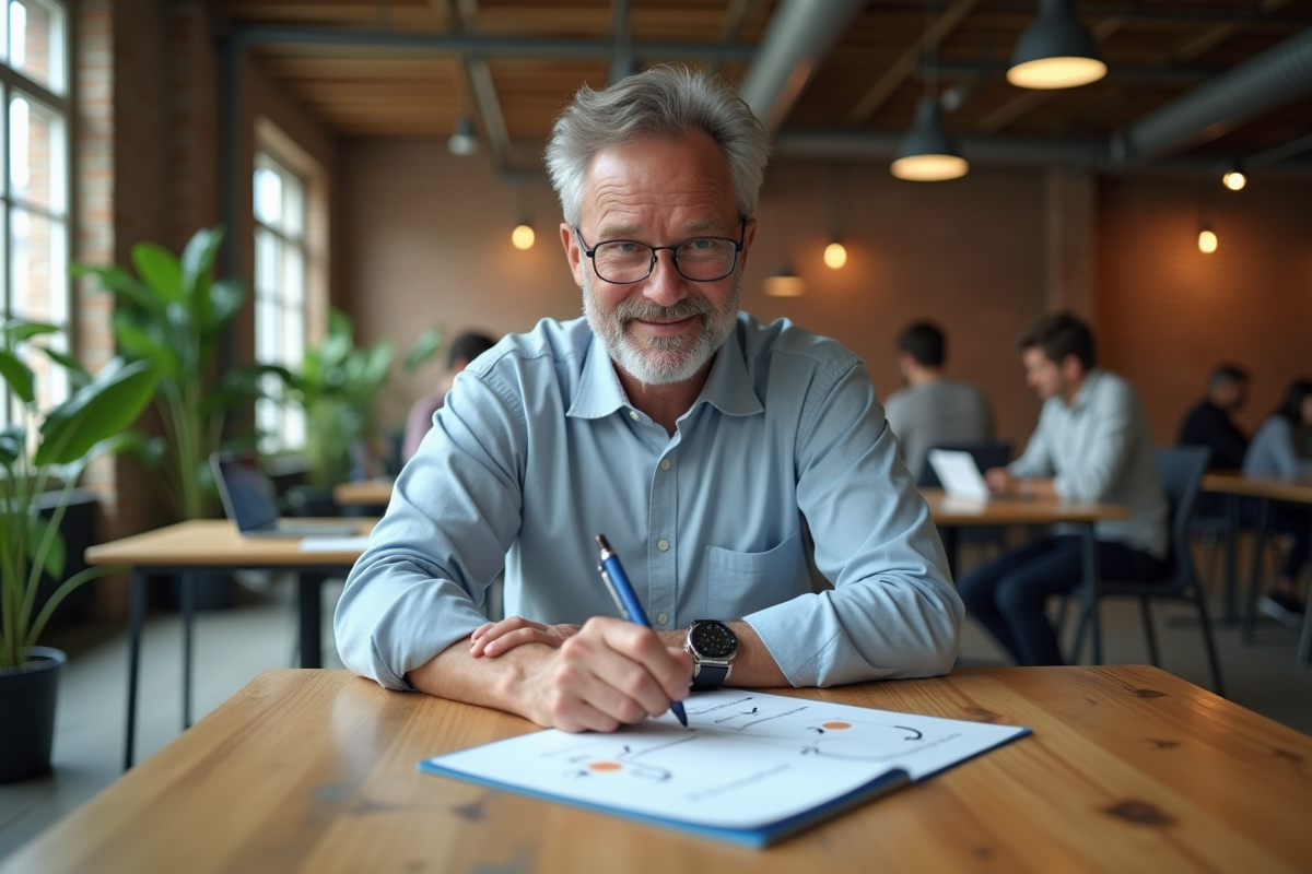 Homme dessinant des flèches dans un espace de coworking