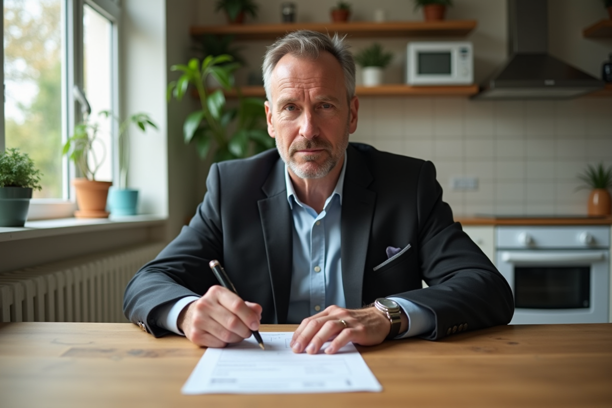 Homme concentré remplissant un formulaire dans la cuisine