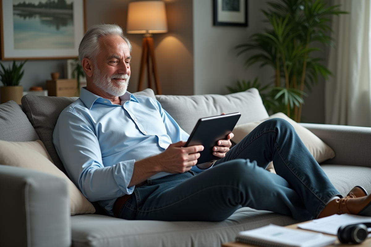 Homme en visioconference dans son salon confortable