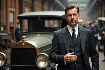 Homme d'âge moyen avec voiture Model T dans usine historique