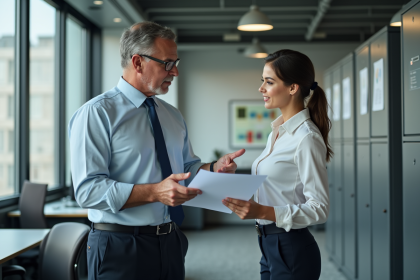 Inspecteur du travail discutant avec une employée dans un bureau moderne