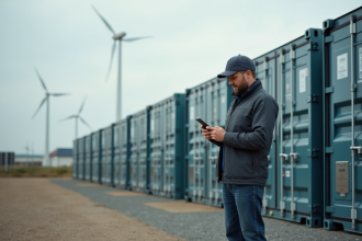 Homme inspectant une grande batterie lithium-ion en extérieur