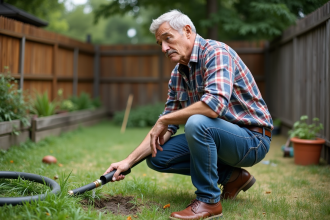 Homme examine un tuyau d'arrosage endommagé dans le jardin