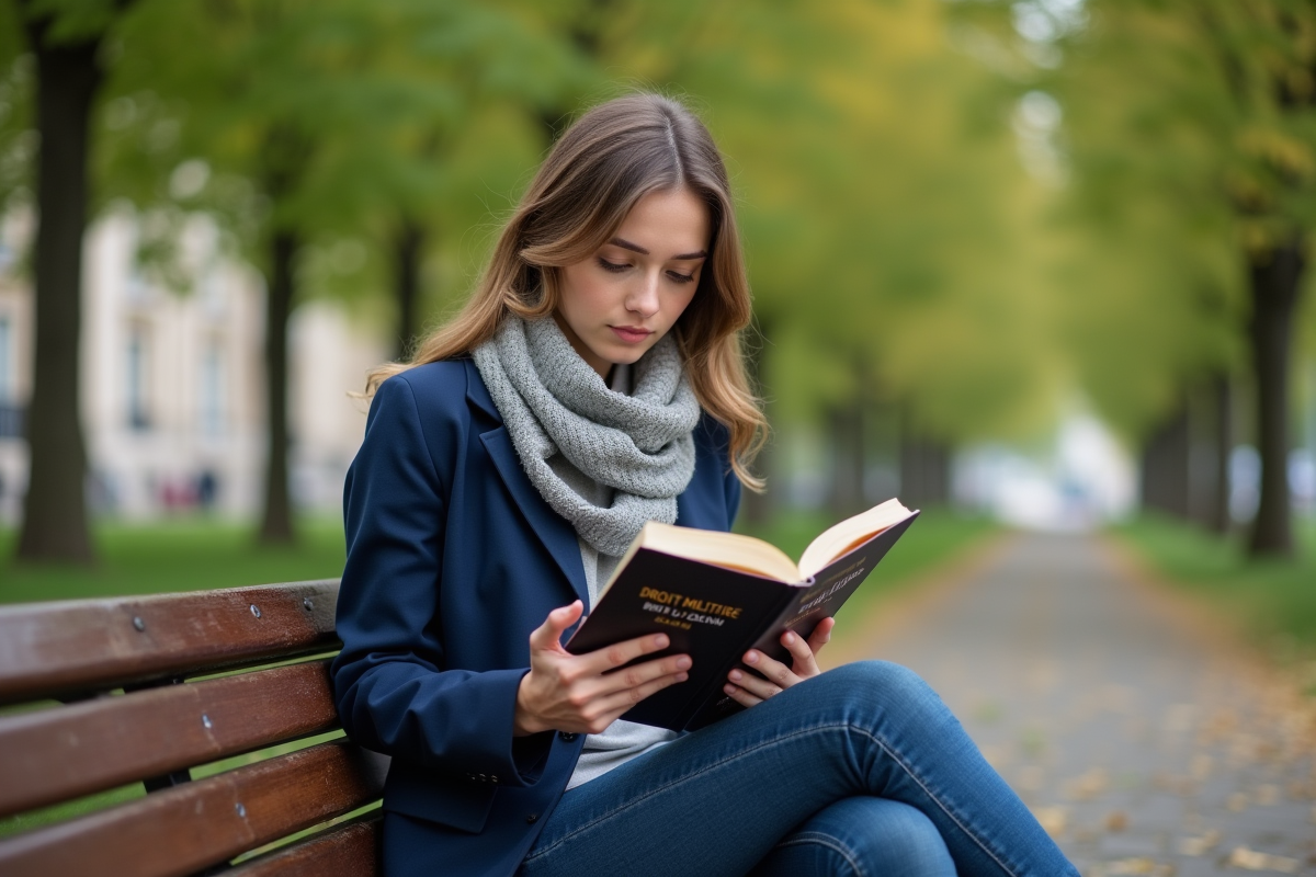 Jeune étudiante en droit lisant un livre en plein air