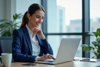 Jeune femme en blazer bleu utilisant un CRM au bureau