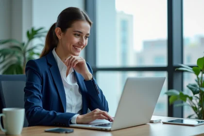 Jeune femme en blazer bleu utilisant un CRM au bureau