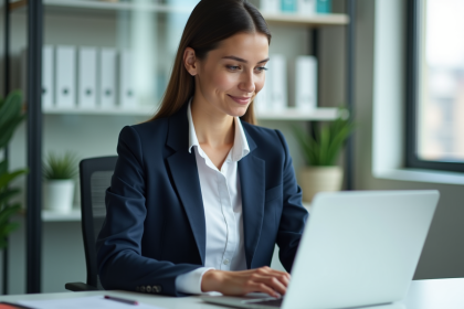 Jeune femme professionnelle travaillant sur un ordinateur dans un bureau lumineux