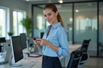 Jeune femme professionnelle travaillant sur son smartphone au bureau