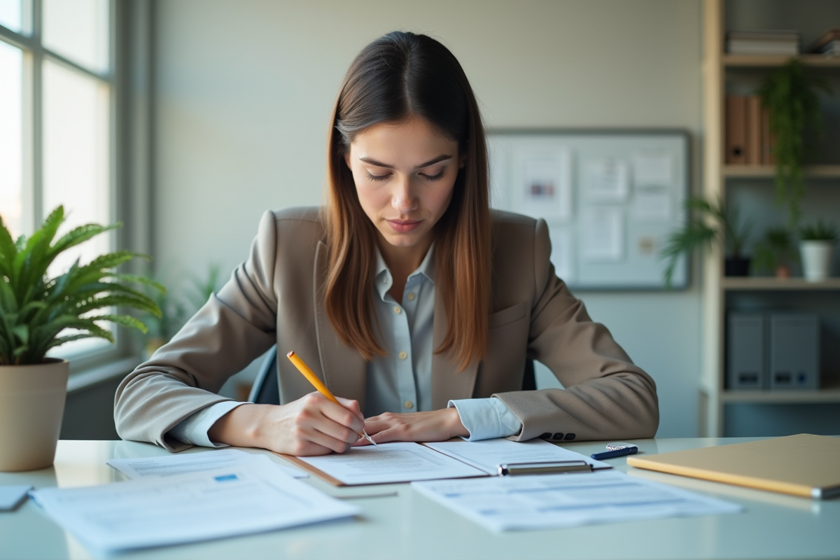 Jeune femme professionnelle remplissant des formulaires au bureau