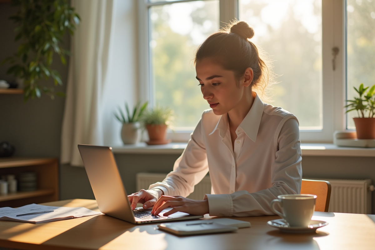 Jeune femme professionnelle travaillant sur son ordinateur portable à la cuisine