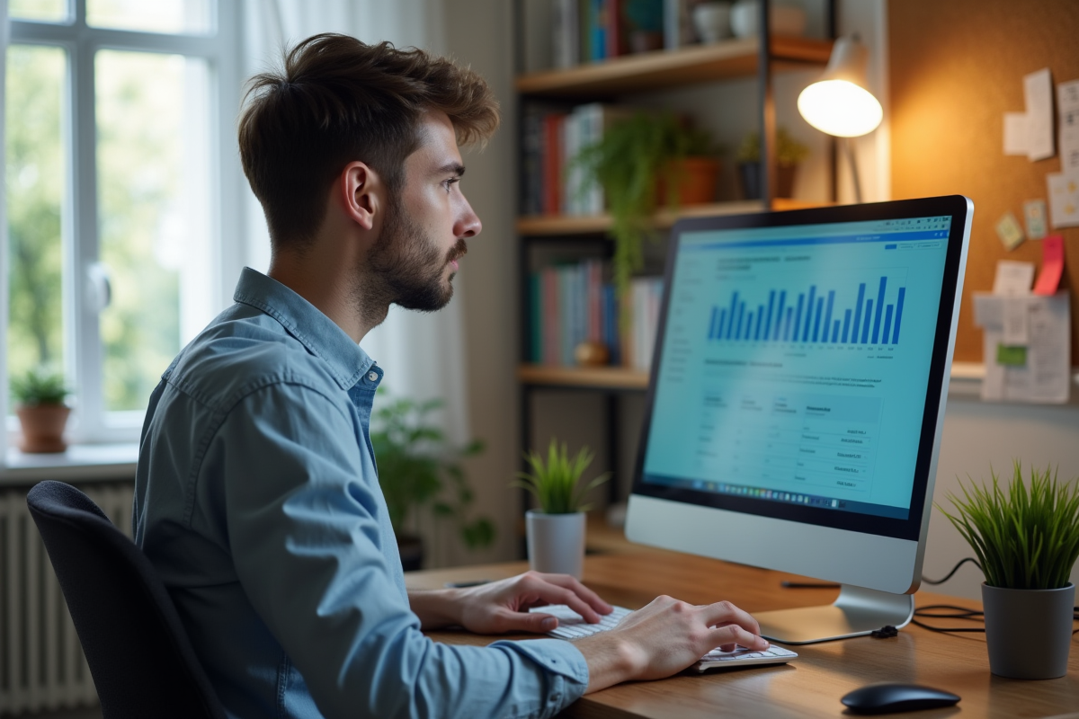 Jeune homme analysant des données sur un ordinateur à la maison
