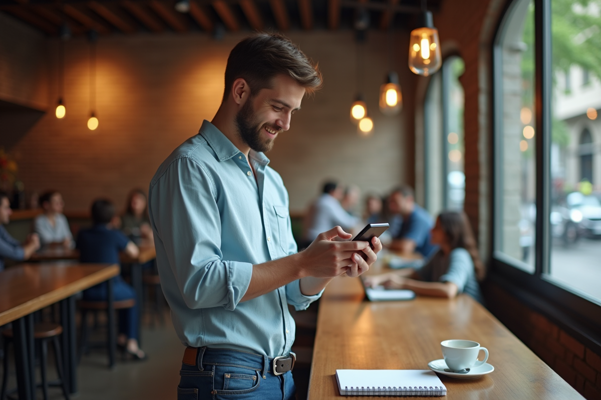 Jeune homme dans un café urbain consultant ses circulaires sur smartphone