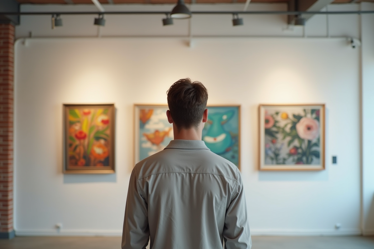 Jeune homme observant des œuvres numériques dans une galerie