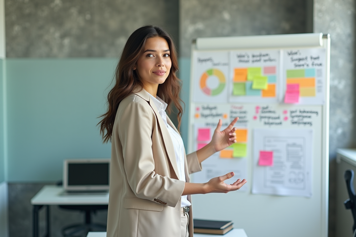 Jeune femme gestionnaire présentant un tableau blanc