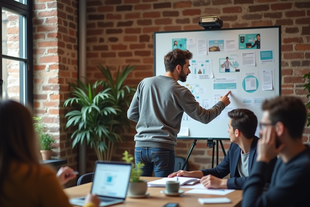 Jeune professionnel marketing en réunion créative