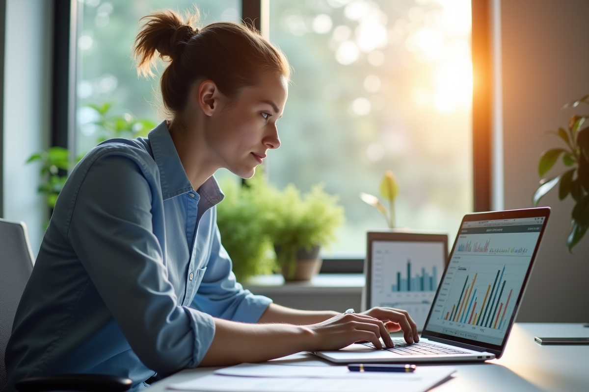 Jeune professionnel analysant des graphiques financiers sur un ordinateur portable dans un bureau lumineux