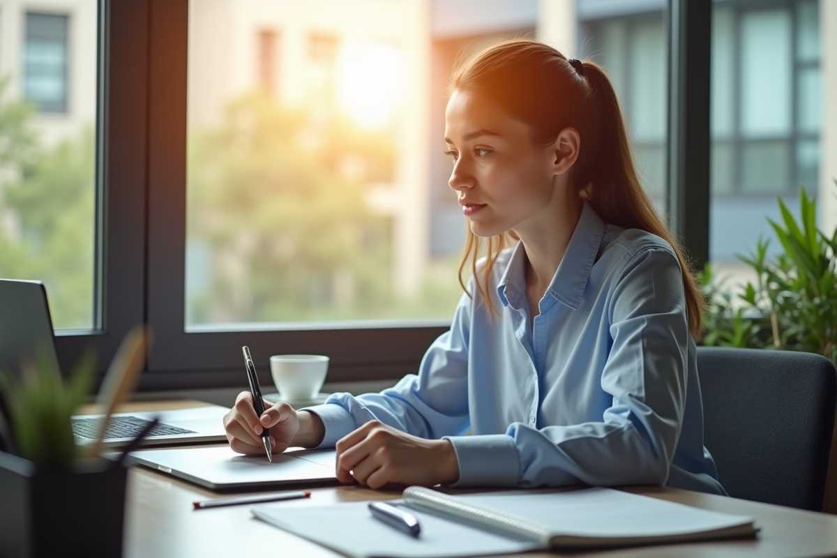 Jeune professionnel au bureau avec notes de candidature
