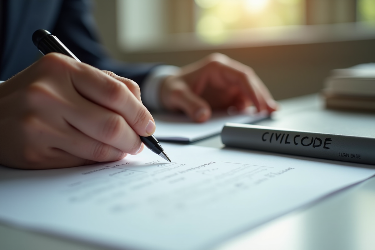 Main écrivant sur document officiel avec code civil en arrière-plan