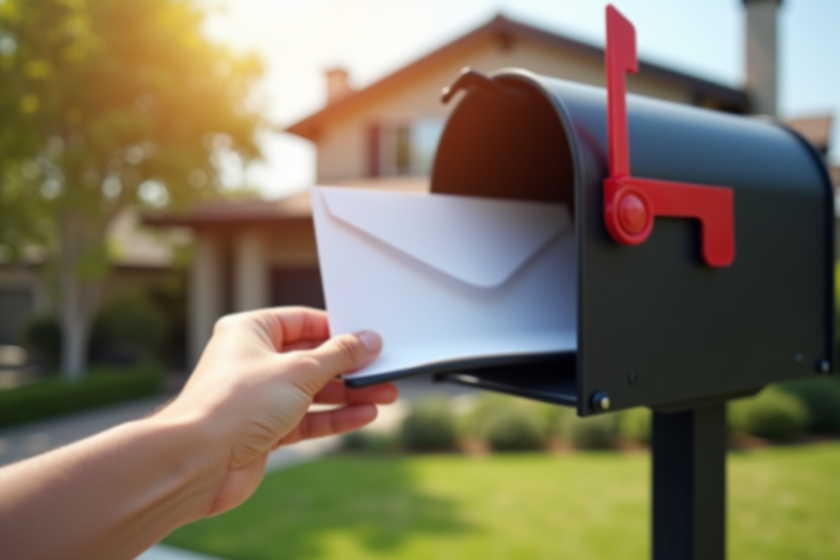 Main dans une boîte aux lettres devant une maison moderne en plein jour