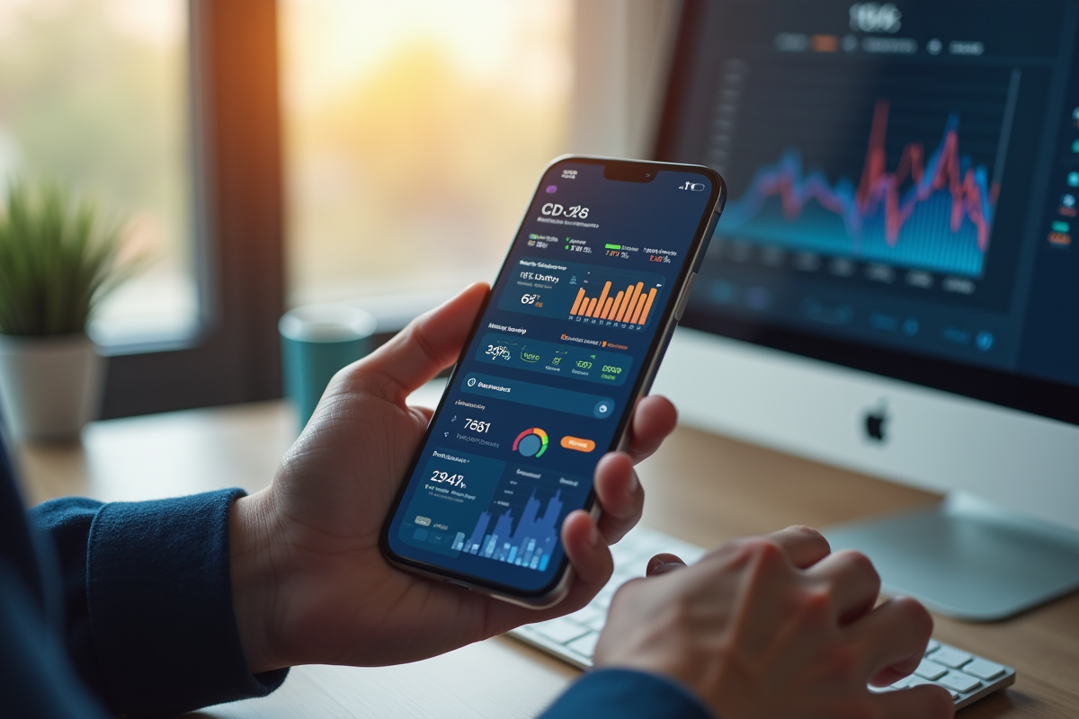 Main tenant un smartphone avec graphiques et icônes de suivi