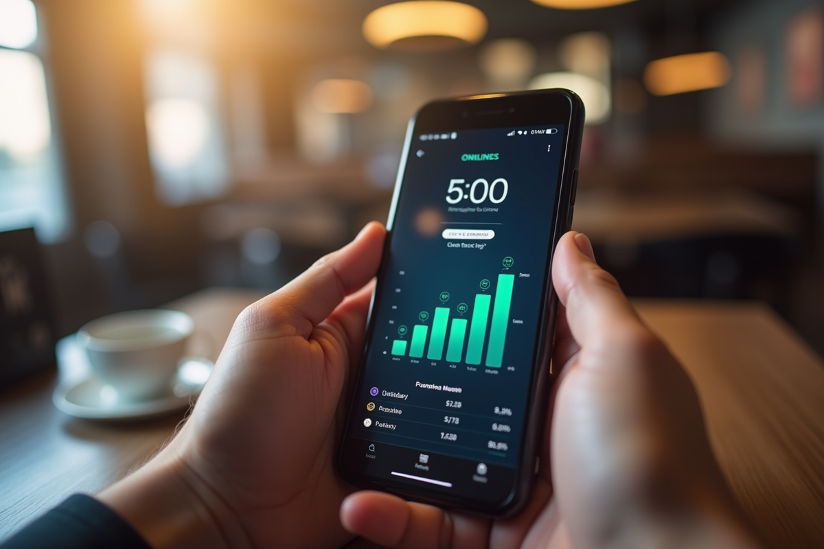 Mains tenant un smartphone affichant des statistiques de revenus