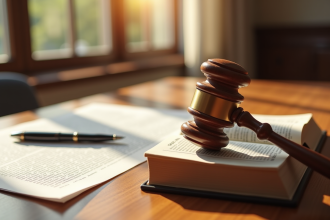 Marteau de justice en bois sur un livre de droit ouvert