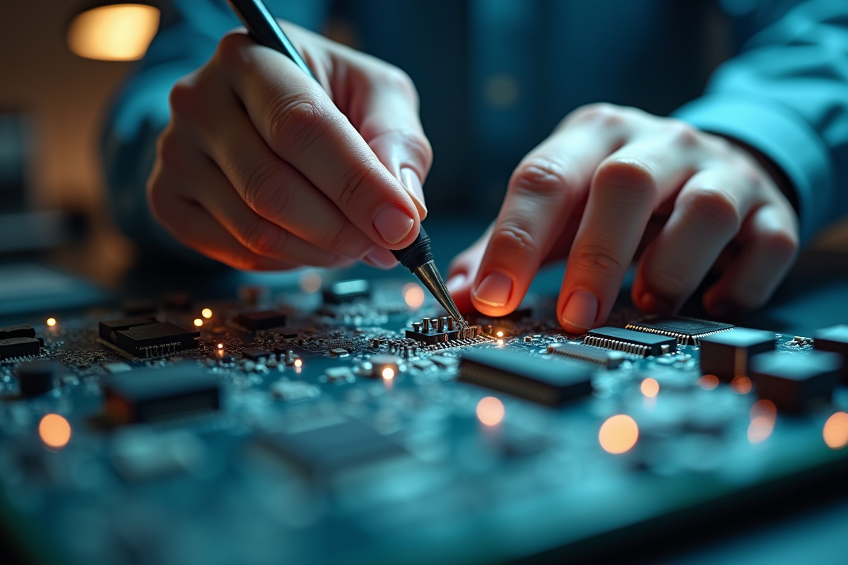 Mains assemblant un circuit imprimant avec outils précis